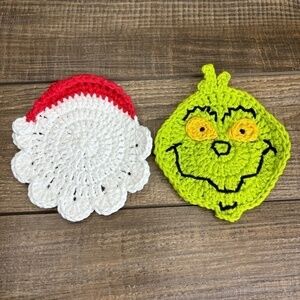 Santa and Grinch Crochet Coasters Christmas Holiday Set Handcrafted Cotton